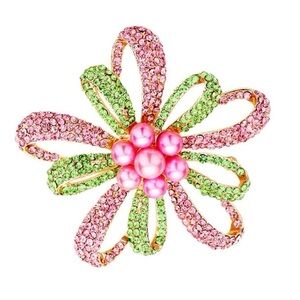 Pink & Green Floral Rhinestone Brooch